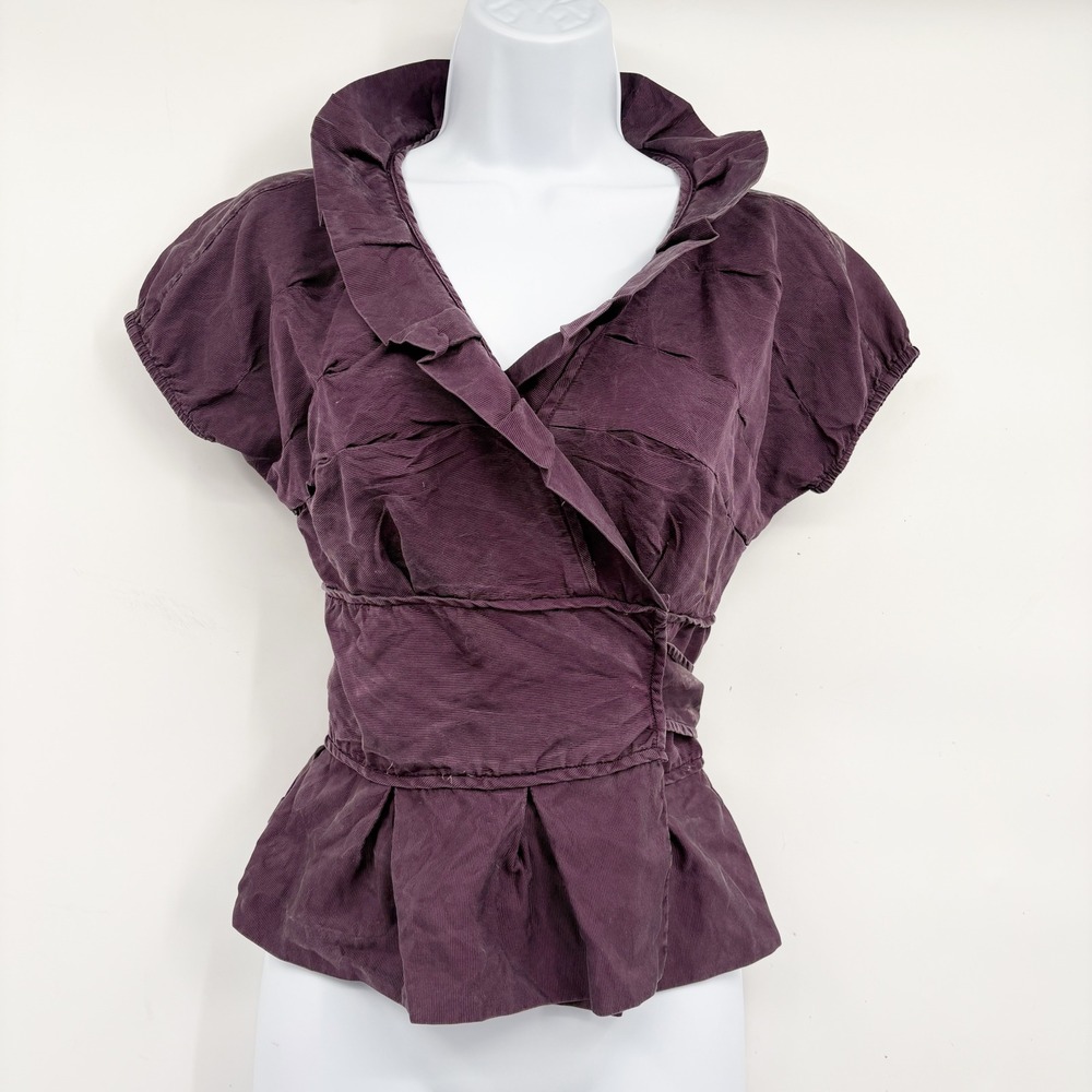 Diane von Furstenberg Womens Y2K Plum Silk Ribbed Peplum Wrap Blouse Size 4